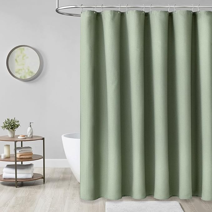 Dynamene Stall Fabric Shower Curtain - 48 inch Wide Waffle Weave Weighted Thick Cloth Shower Curtain for Bathroom, Neutral Heavy Duty Hotel Spa Luxury Bath Curtain Set with 8 Hook, 48x72, Sage Green