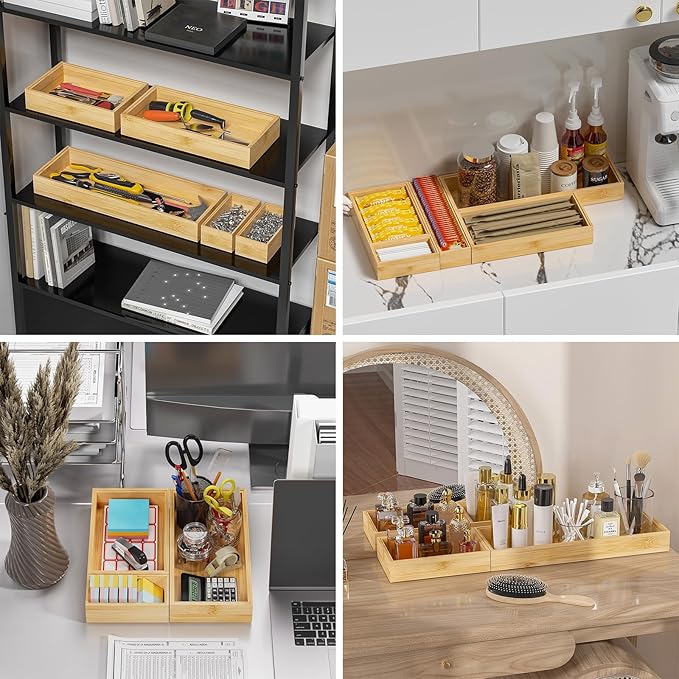 Lixple Bamboo Drawer Organizer for Kitchen & Bath, Extra Large Stackable Tray for Silverware, Toiletries & Utensils, 2 Pcs, 17" x 6" x 2" (Outer), 16.3" x 5.3" x 1.77" (Inner)