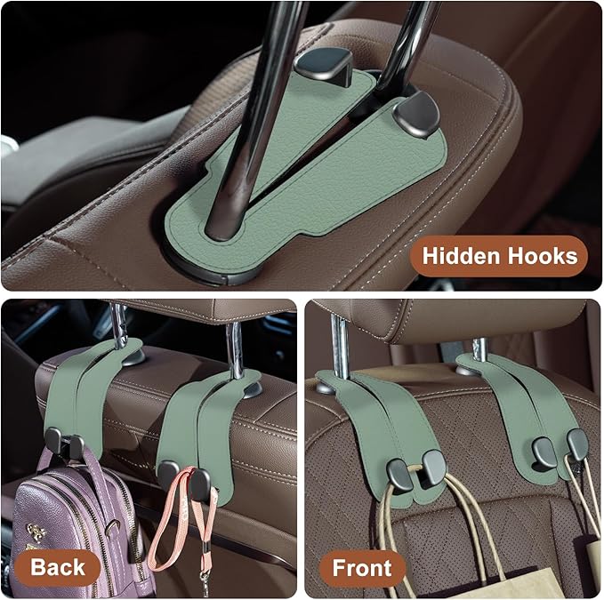 CoBak Purse Hook for Car - Universal Premium Stitched Leather and Aluminum-Magnesium Alloy Double Car Seat Back Storage Hook for Purses, Handbags, Bags (2 Pack),SageGreen