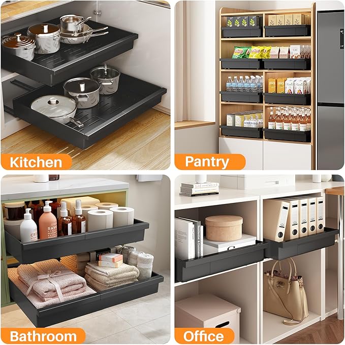 Pull out Cabinet Organizer, 2-Pack Expandable(13.6"-24") Silde out Drawers with Raising Pad for Framed Cabinets, Adjustable Full-Extension Adhesive Roll out Shelves for Kitchen Pantry Home Pot and Pan