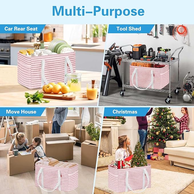 LHZK 2 Pack Utility Tote Bag with Metal Wire Frame and the Sides Rinforced, Large Tote Bag with Handle, Reusable Grocery Bags Foldable, Beach Bag, Car Tote (Pink, 18.5''x11.8''x11.5'')