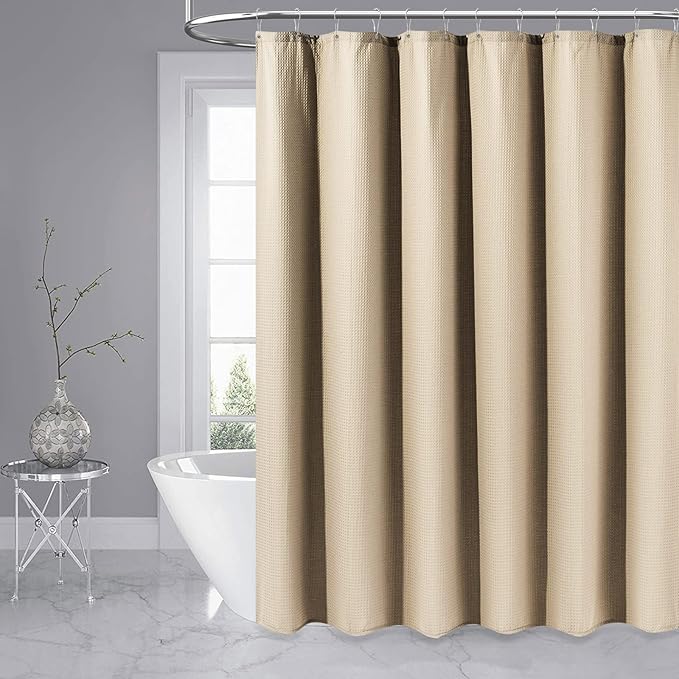 Dynamene Extra Long Shower Curtain,84 Inch Long Beige Waffle Weave Weighted Thick Fabric Bathroom Shower Curtain, Neutral Large Hotel Bath Curtain Set with 12 Plastic Hooks,72x84,Beige/Khaki