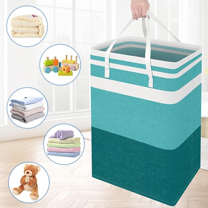 BlissTotes 3-Pack Laundry Basket, Freestanding&Waterproof Laundry Hamper, Collapsible Tall Clothes Hamper with Easy Carry Handles for Clothes, Towels in the Family and Dorm,Gradient Green,100L