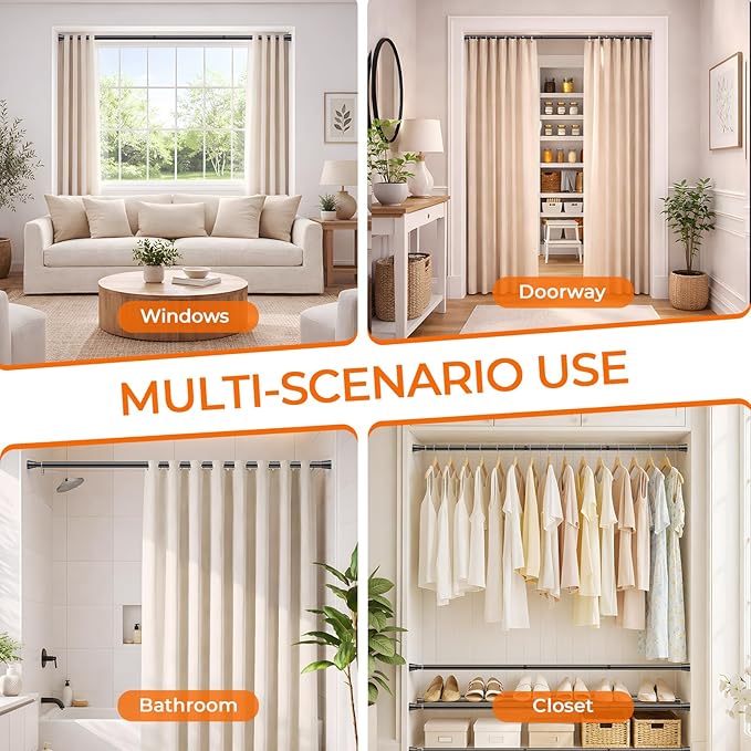 Spring Tension Curtain Rod 45 to 76 Inch 7/8" Diameter Adjustable No Drilling Black Shower Curtain Rods for Window Doorway Closet Door Kitchen Bathroom