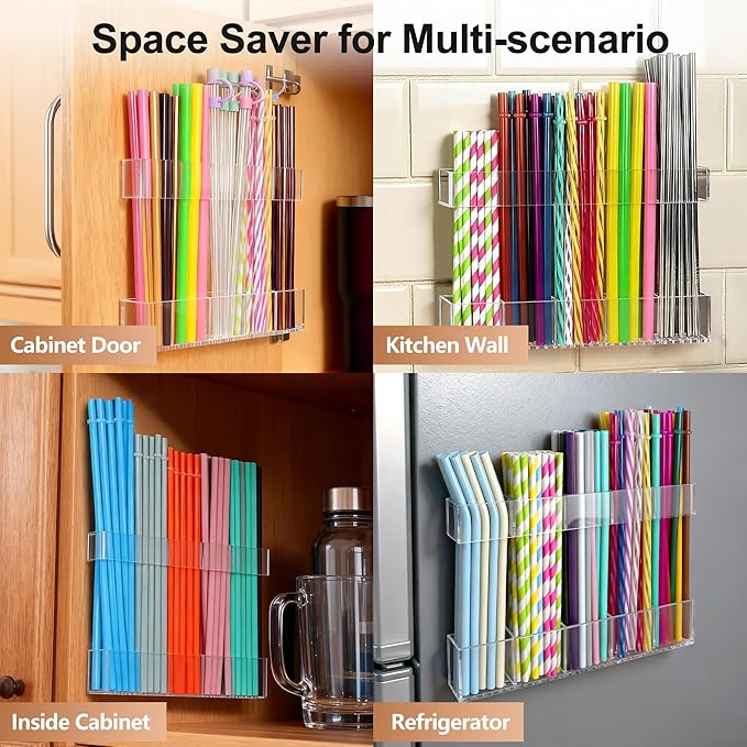 9.5” Large Acrylic Straw Holder for Cabinet Door, Reusable Adjustable Two-Part Straws Organizer with Ultra Sticky Adhesive Strips, 2026 Straw Storage for Kitchen Cupboard