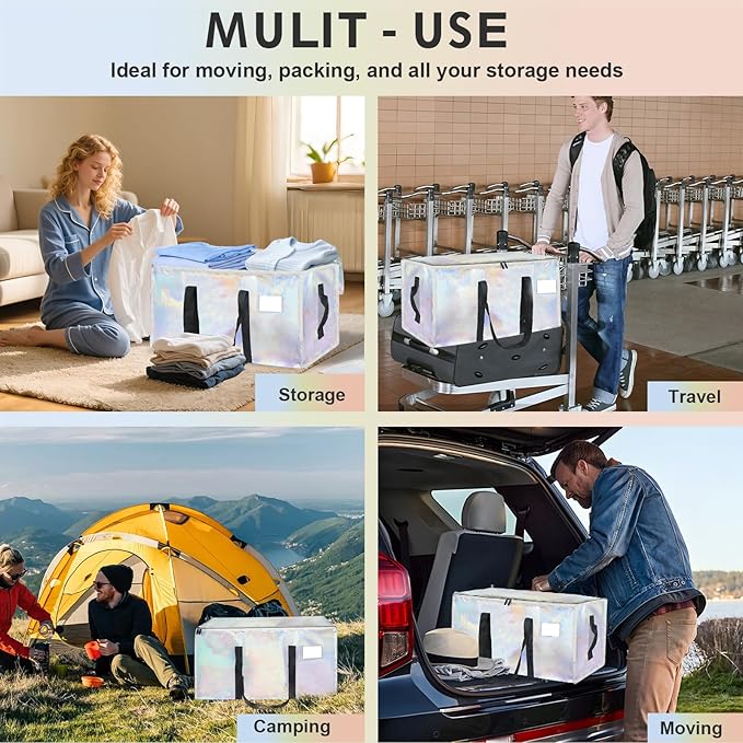 6 Pack-Extra Large Heavy Duty Moving Bags - Waterproof Storage Totes with Handles & Zippers, Foldable for College Dorm, Storage (Shiny Color)