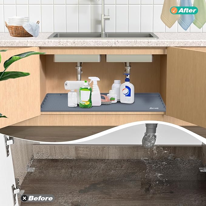 Waterproof Under Sink Mat 28" x 22", Silicone Cabinet Liner, Rubber Protector for Kitchen and Bathroom, Keeps Cabinets Clean, Dry, and Organized (Grey)