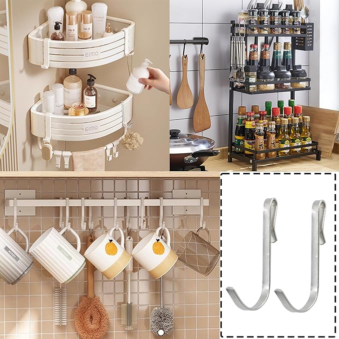 20pcs J-Shaped Stainless Steel Hanger Hooks - Clip-On, Wire Rack, Sink Grid & Shelf Hooks for Kitchen, Bedroom & Office, Silver