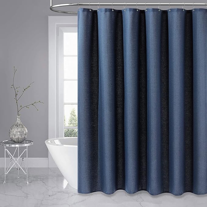 Dynamene Extra Long Shower Curtain,96 Inch Long Waffle Weave Heavy Duty Thick Fabric Bathroom Shower Curtain, Neutral Weighted Hotel Bath Curtain Set with 12 Plastic Hooks,72x96,Navy Blue