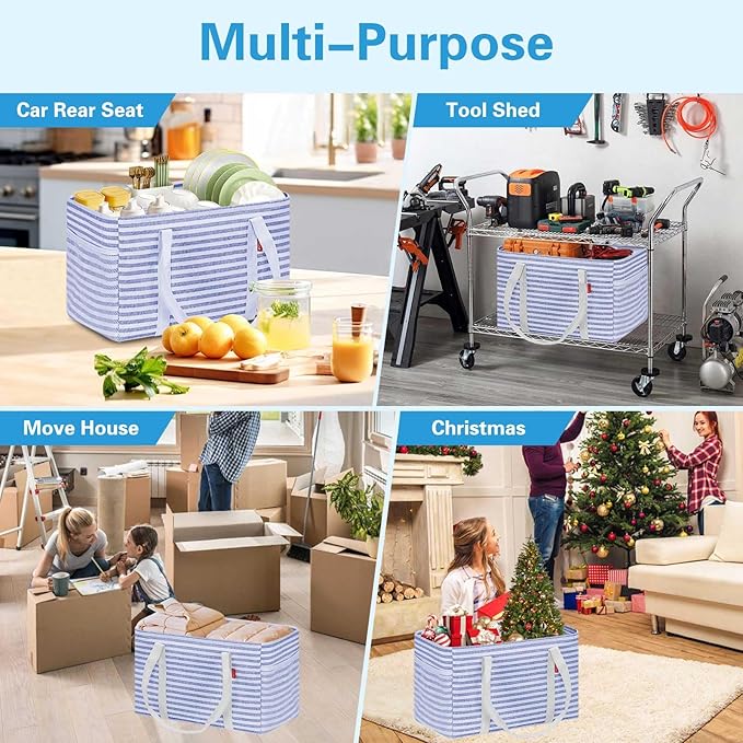 LHZK Standing Utility Tote Bag with Metal Wire Frame and the Sides Rinforced, Large Tote Bag with Handle, Reusable Grocery Bags Foldable, Beach Bag, Car Tote (Blue, 18.5''x11.8''x11.5'') | Metal Wire Frame
