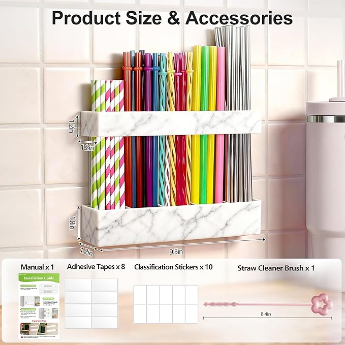 9.5” Large Acrylic Straw Holder for Cabinet Door, Reusable Adjustable Two-Part Straws Organizer with Ultra Sticky Adhesive Strips, 2026 Straw Storage for Kitchen Cupboard