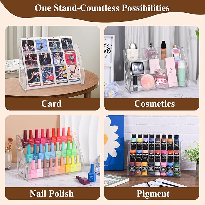 CELSOL 2 Pack Elevated 3 Tier Clear Acrylic Card Display Stand for Trading Cards, Sports Cards, Greeting Cards, Stickers – Slanted Holder for PSA Slabs, Vendors, Collectors & Retail (3 Tier 2 Pack)