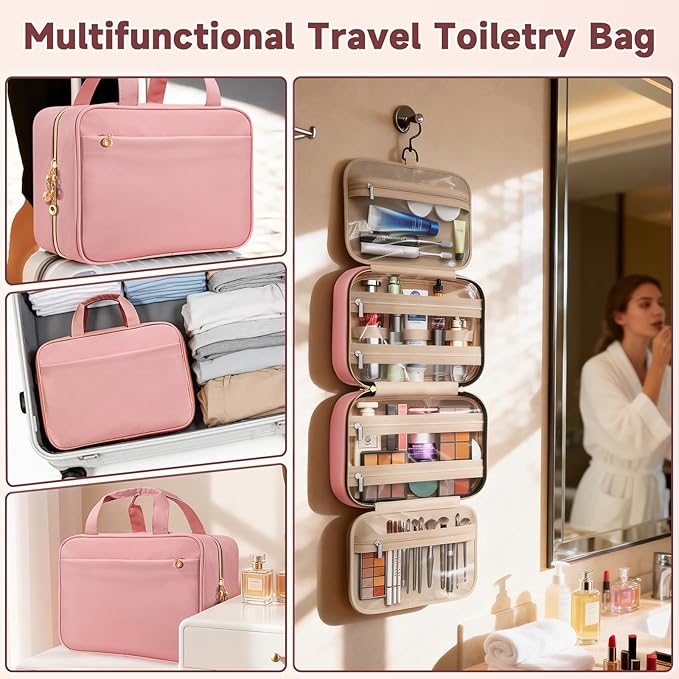 Travel Toiletry Bags, Portable Travel Bag with Hanging Hook for Women, Waterproof and Hanging Makeup Bag Travel Organizer Accessories for Travel Essentials (Pink, Medium)