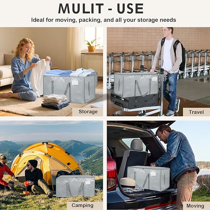 4 Pack-Extra Large Heavy Duty Moving Bags - Waterproof Storage Totes with Handles & Zippers, Foldable for College Dorm, Storage (light gray)
