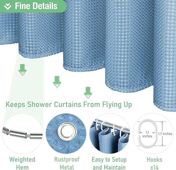 Dynamene Extra Wide Shower Curtain - 84 Inch Wide Waffle Weave Weighted Thick Cloth Bathroom Shower Curtain, Neutral Heavy Duty Hotel Bath Curtain Set with 14 Plastic Hooks, 84x72, Moonlight Blue