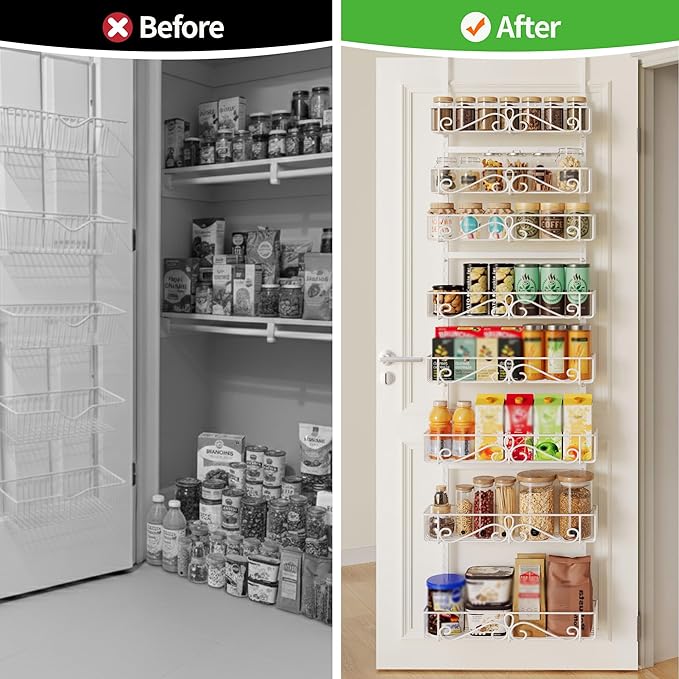 Over the Door Pantry Organizer - 8-Tier Adjustable Pantry Organization And Storage, Metal Hanging Door Spice Rack for Kitchen Pantry Organizers,White