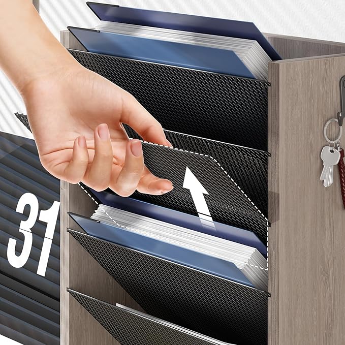 Creso hom Mail Organizer Wall Mounted, 6-Tier Wall File Organizer with 2 Hooks, Wooden Desk Organizer Magazine Holder with Bottom Flat Tray, for Office Home, Greige
