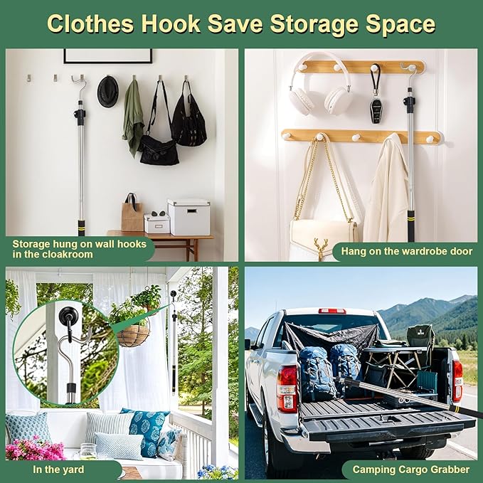 Heavy Duty Closet Hanger Reaching Pole,36" to 65" Clothes Hook Pole Telescoping Pole S Hooks for Plant Stainless Steel Pipe Sturdiness Lightweight Non-Slip Soft Sponge Handle Rod