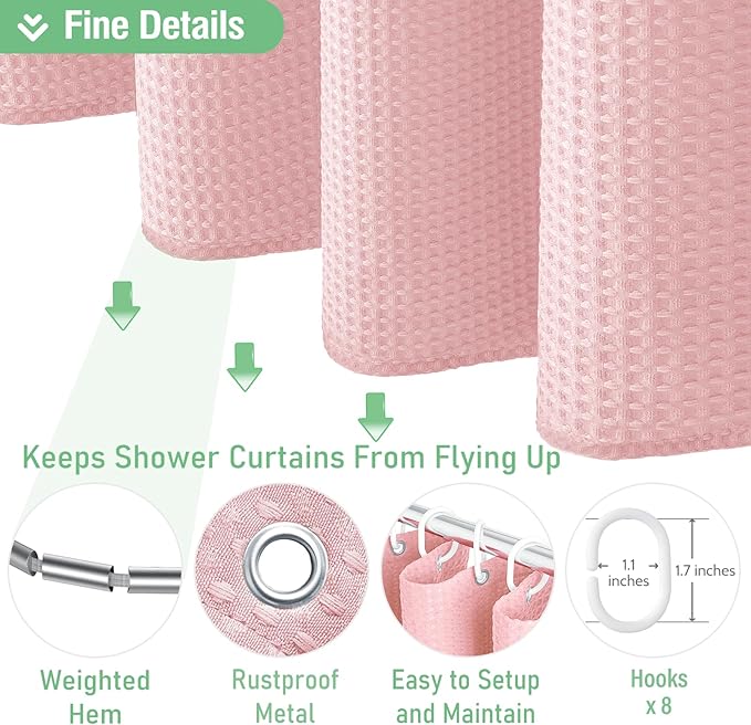 Dynamene Stall Fabric Shower Curtain - 48 inch Wide Waffle Weave Weighted Thick Cloth Shower Curtains for Bathroom, Neutral Heavy Duty Hotel Spa Luxury Bath Curtain Set with 8 Hook, 48x72, Pink