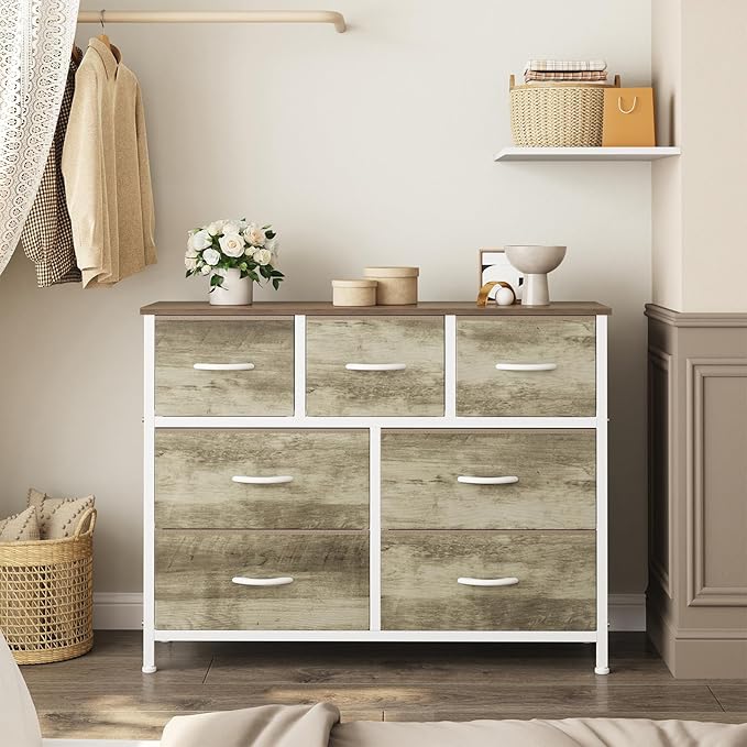 Sweetcrispy 7 Drawer Dresser with Fabric Bins, Fabric Storage Tower Organizer for Bedroom, Closet, Hallway, Entryway, Tall Chest of Drawers with Steel Frame, Wood Top, Large Storage, Greige Oak