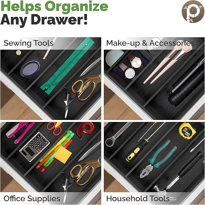 Pristine Bamboo Silverware Organizer - Kitchen Drawer Organizer and Utensil Organizer - Cutlery Tray β Flatware, Utensil and Silverware Holder - Silverware Tray for Drawer (5-Slots, Black)