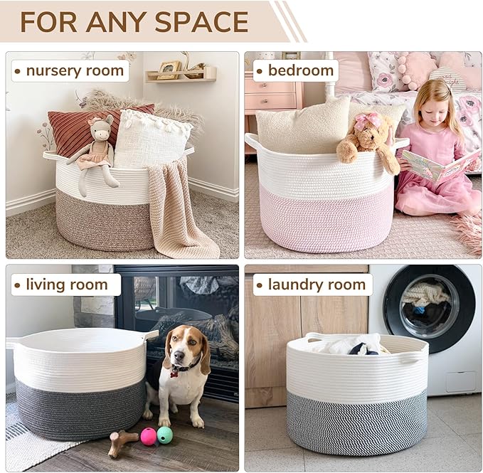 INDRESSME XXXLarge Blanket Basket for Living Room 21.7" x 21.7" x 13.8"-Storage Basket with Handle for Organizing Toy Pillows Woven Cotton Rope Laundry Basket Stuffed Animal Toy Storage for Play Room