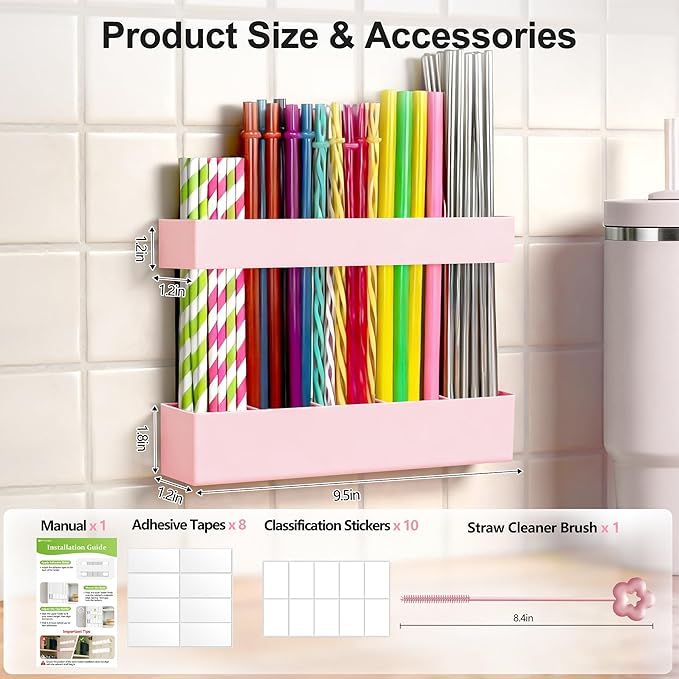 9.5” Large Acrylic Straw Holder for Cabinet Door, Reusable Adjustable Two-Part Straws Organizer with Ultra Sticky Adhesive Strips, 2026 Straw Storage for Kitchen Cupboard(Rose Stone)