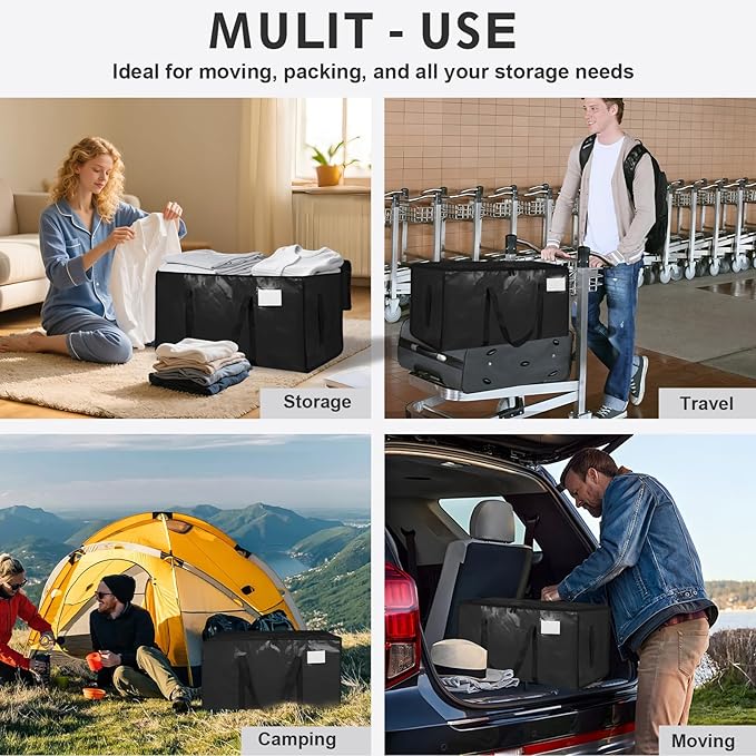 4 Pack-Extra Large Heavy Duty Moving Bags - Waterproof Storage Totes with Handles & Zippers, Foldable for College Dorm, Storage (Black)