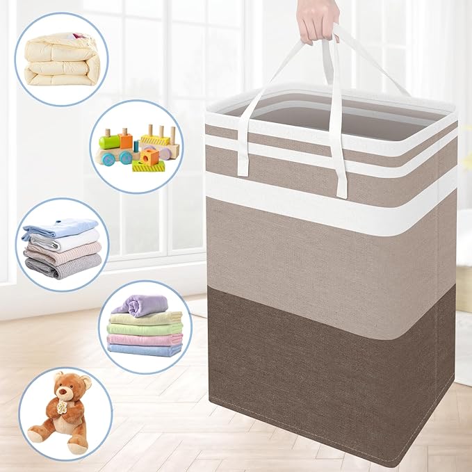 BlissTotes 3-Pack Laundry Basket, Freestanding&Waterproof Laundry Hamper, Collapsible Tall Clothes Hamper with Easy Carry Handles for Clothes, Towels in the Family and Dorm,Gradient Khaki,88L