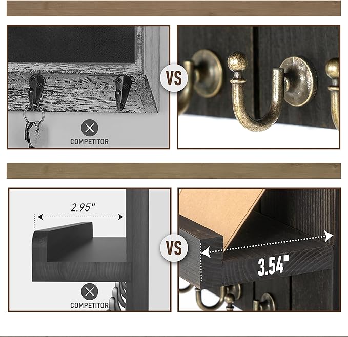 Rebee Vision Pine Wood Key Holder Wall Mount with Floating Shelf – Farmhouse Key Holder for Wall to Maximize Storage Solutions – Mail Organizer for Office Decor (3.54" x 10" x 7.28", Distressed Black)