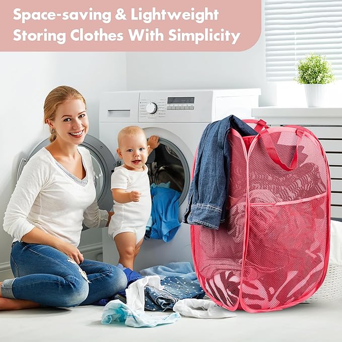 DUCOO Pop Up Laundry Hamper, 70L Collapsible Mesh Laundry Basket with Side Pocket, Foldable Dirty Clothes Hamper with Sturdy Reinforced Handles for Home Dorm Bedroom Travel Storage, Red, 2Pack