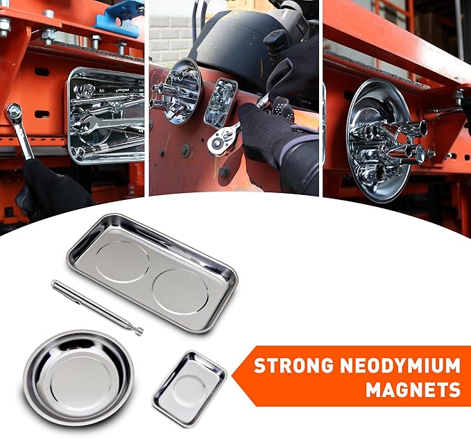 HORUDSY 4PC Magnetic Tray Set with Magnet Stick – Extra Strong Magnets, Stainless Steel Trays, and Telescoping Pickup Tool for Organizing and Retrieving Metal Parts