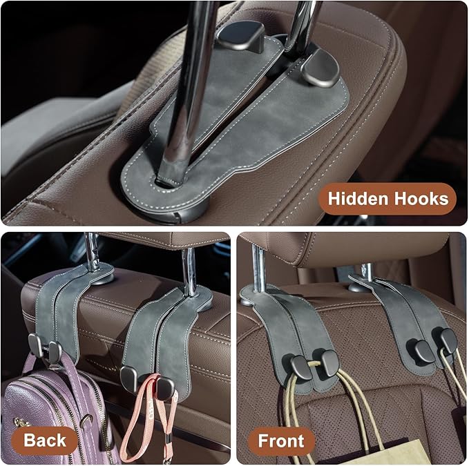 CoBak Purse Hook for Car - Universal Premium Stitched Leather and Aluminum-Magnesium Alloy Double Car Seat Back Storage Hook for Purses, Handbags, Bags (4 Pack),Gray