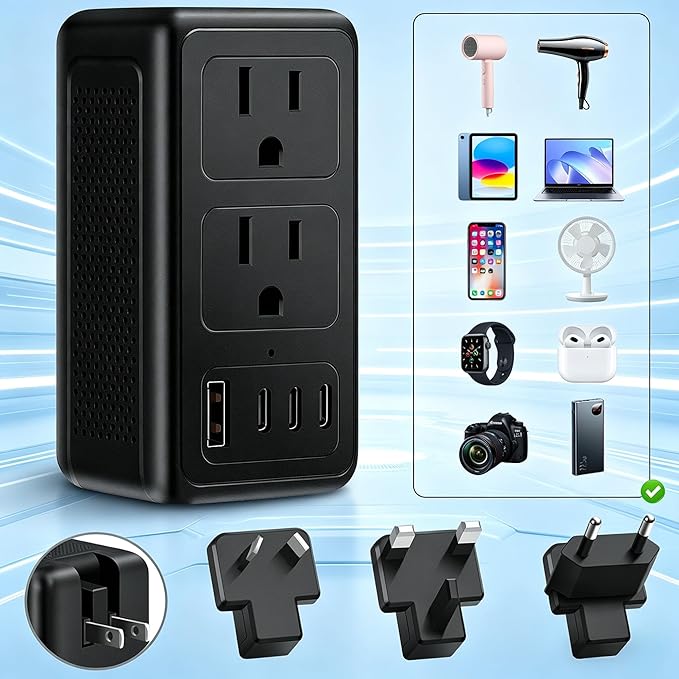 220V to 110V Voltage Converter US to Europe for Hair Dryer, Upgrade 2000W Power Converter for European Travel with Type C A G I, International Universal Travel Adapter with 1 USB A & 3 Type C (Black)