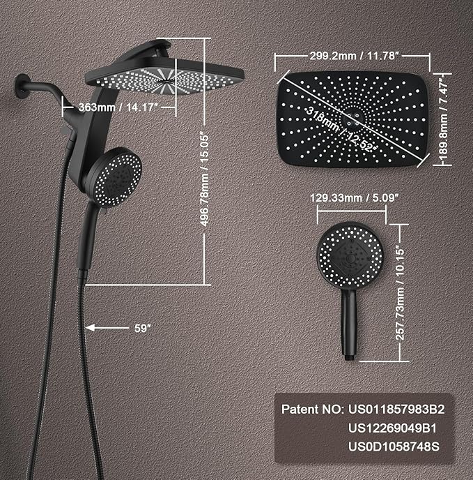 BOZYBO Rain Shower Head with Handheld: High Pressure Shower Heads with Handheld Spray Combo, 12" Rainfall Shower Head and 9 Sprays Hand Showerheads with Magnetic Docking and Power Jets, Black 2.5GPM