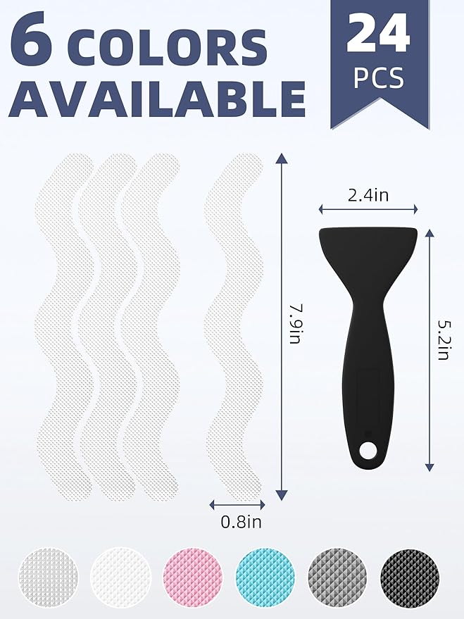 Secopad Patented Anti Slip Shower Stickers, 24PCS Adhesive Decals Safety Strips with Scraper for Bath Tub, Shower Floor, Stairs, Clear, 0.8"*8"