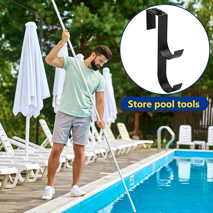 codree 4 Pcs Adjustable Pool Fence Hooks for Pool Equipment, Black Heavy Duty Fence Hooks for Pool Poles, Slipe-on Fence Hanger for Pool Hose Pool Skimmer, Fits 1.4 Inch to 3 Inch Railing