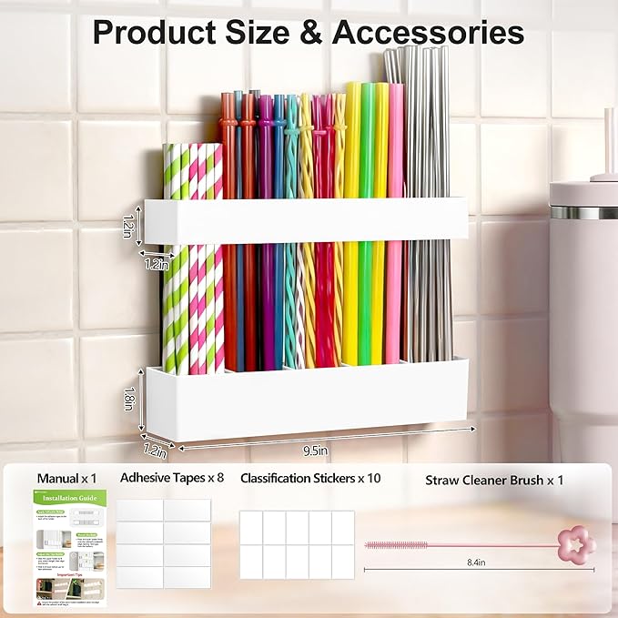 9.5” Large Acrylic Straw Holder for Cabinet Door, Reusable Adjustable Two-Part Straws Organizer with Ultra Sticky Adhesive Strips, 2026 Straw Storage for Kitchen Cupboard