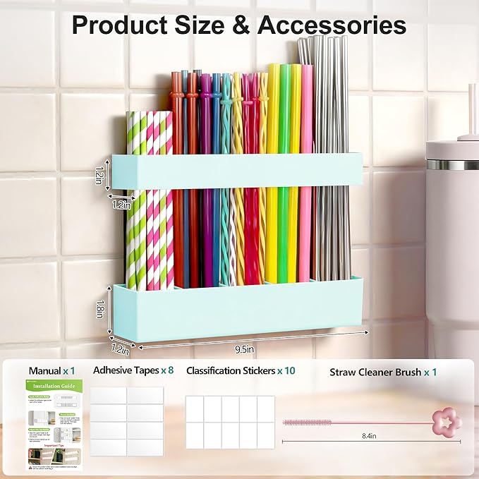 9.6” Large Acrylic Straw Holder for Cabinet Door, Reusable Adjustable Two-Part Straws Organizer with Ultra Sticky Adhesive Strips, 2026 Straw Storage for Kitchen Cupboard(Mint Blue)