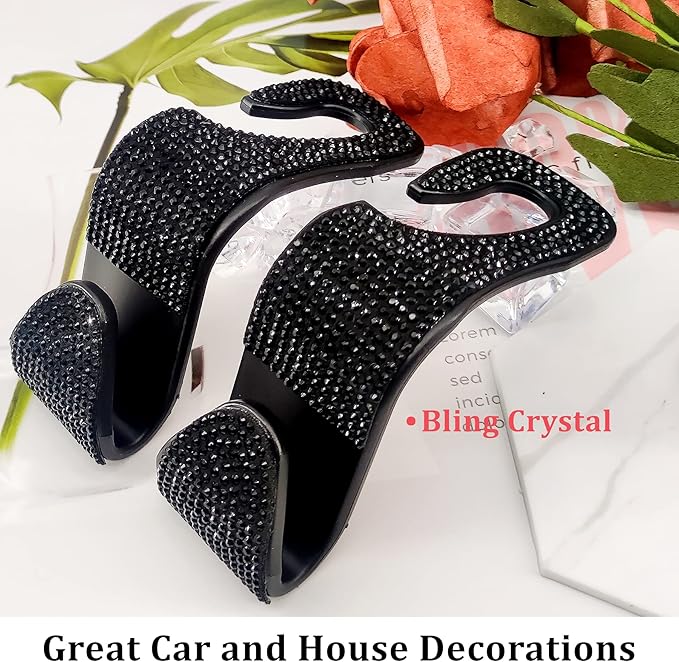 Dermasy 2 Pack Car Hooks, 2021 New Bling Rhinestones Crystal Hooks Car Decorations Auto Seat Back Organizers Strong and Durable Backseat Hanger Storage Universal for SUV Truck Vehicle (Black)