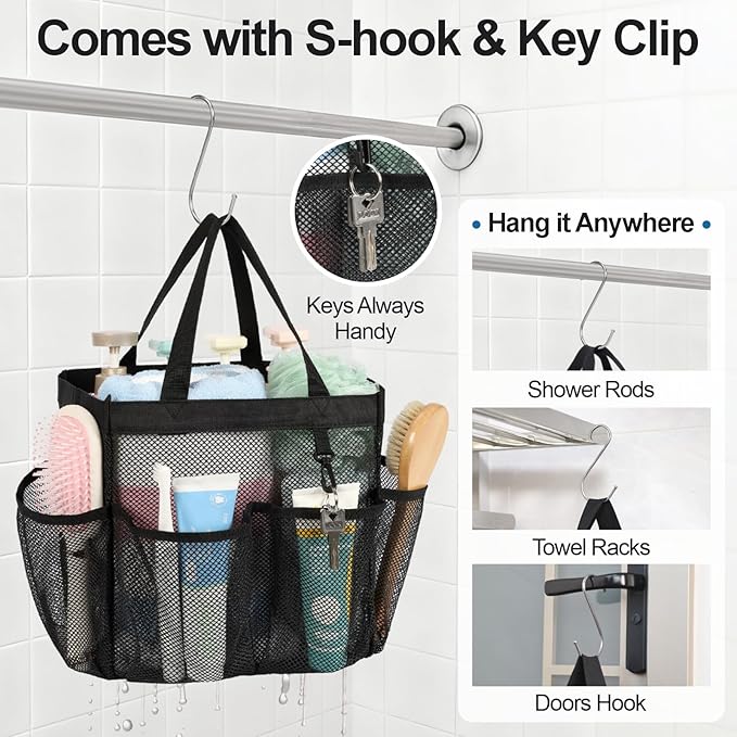 F-color Mesh Shower Caddy Portable - 2 Handles Upgrade Deeper 7 Pockets Basket Bag Tote for College Dorm Room Toiletry Bathroom Essentials Gym Camp Quick Dry with S Hook, 2 Pack, Black & Leopard