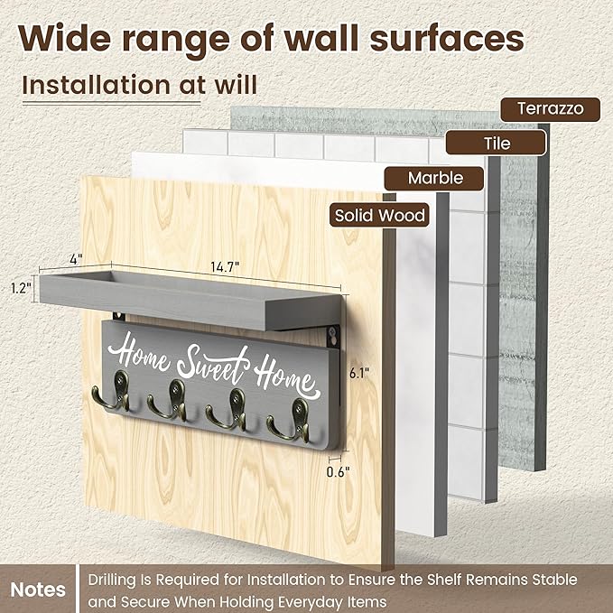 buways Key Holder Wall Mount with 4 Double Hooks-Solid Wood Wall-Mounted Organizer for Keys&Mail Rustic Key Rack Hanger Holder Home Decor for Entryway Living Room (Gray)