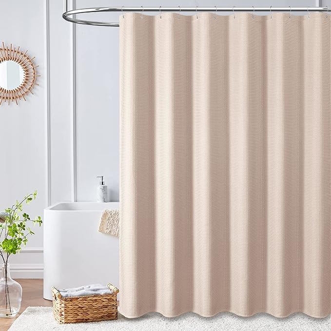 Dynamene Blush Pink Fabric Shower Curtain - Waffle Weave Textured Heavy Duty Cloth Shower Curtains for Bathroom, 256GSM Hotel Luxury Weighted Bath Curtain Set with 12 Hooks,72x72, Blush Pink