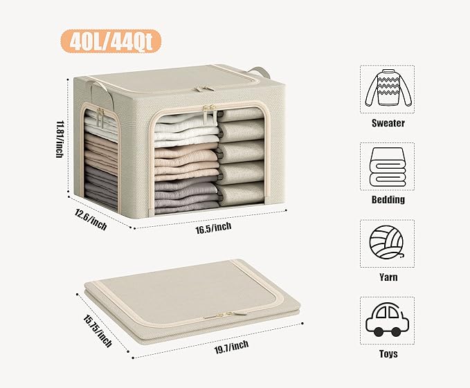 3 Openings Clothes Storage Bins with Metal Frame, Foldable Storage Bin for Clothes, Clothing Storage Bins with Lid, Linen Storage Box With Clear Window& Zippers& Durable Handles.(3 Pcs,Beige,40L)