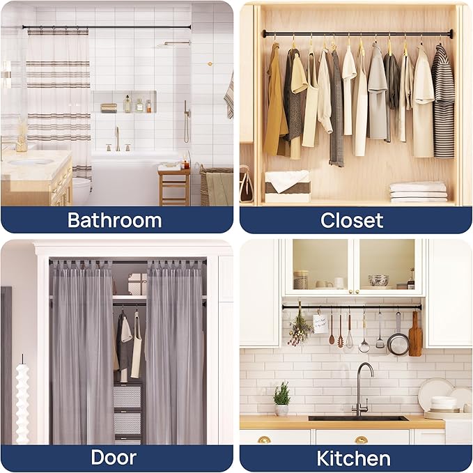ENJOYBASICS Matte Black Shower Curtain Rod 30 to 64 Inches, 1 Inch Stainless Steel Adjustable Spring Tension Rods No Drill for Bathroom, Closet, Window, Room Divider, Never Rust, Non Slip