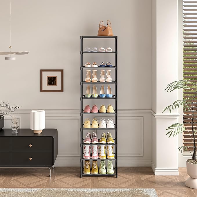 10 Tier Tall Shoe Rack, Non-Woven Fabrics Compact Narrow Shoe Stand Shelf, Vertical Small Space Saving Storage Organizer for Closet Floor, Front Door Entrance, Entryway, Black