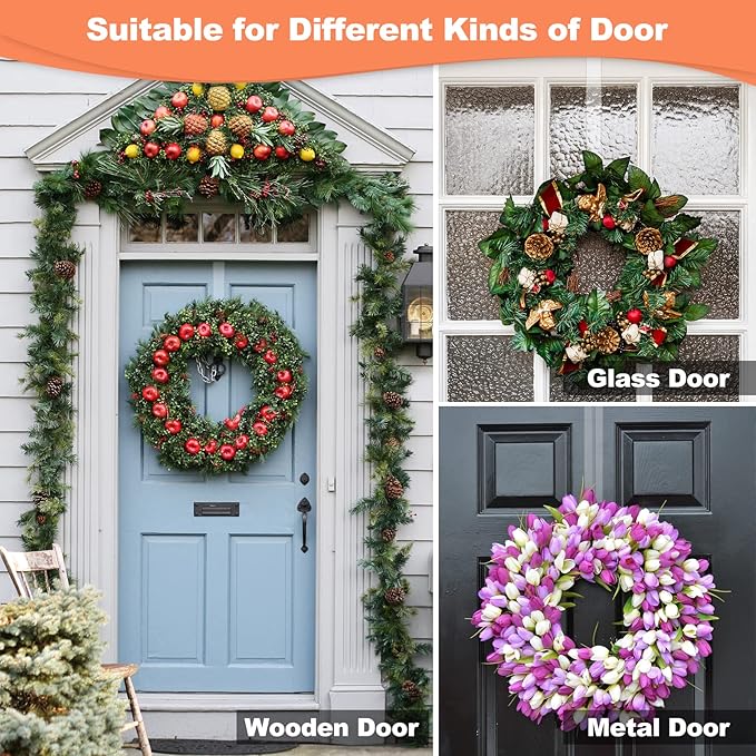 15" Clear Over The Door Wreath Hanger 2 Pack - Non-Scratch, Heavy Duty 10lb Door Hook for Front Decor, Christmas, Halloween & Year-Round Home Display - Invisible Acrylic Organizer