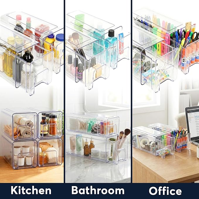 Sorbus 1 Medium & 2 Small Clear Stackable Storage Drawers, Plastic Organizer Bins with Handles, Pull-Out Drawers for Bathroom Closet, Medicine, Cabinet, Pantry Storage, Baby Bottle Organizer