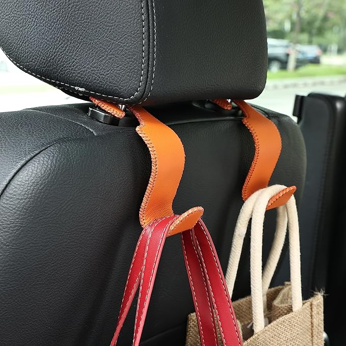 Amooca Car Seat Headrest Hook Universal Vehicle Storage Hanger Leather with Metal Car Seat Back Organizer for Handbag Purse Coat Orange 2 Pack