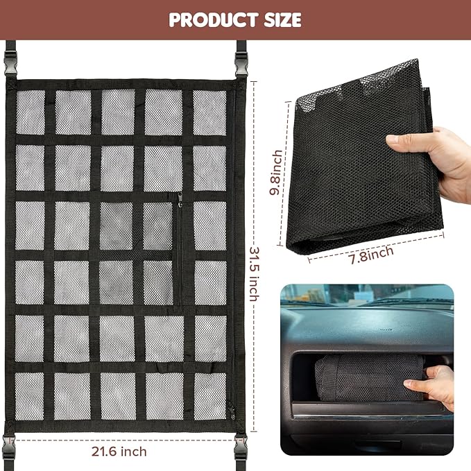 Upgrade Car Ceiling Cargo Net Pocket,31.5"x21.6" Double-Layer Roof Storage Organizer,Overhead Net for Truck,SUV & Van Camping,Travel Road Trips,Van Life Essentials